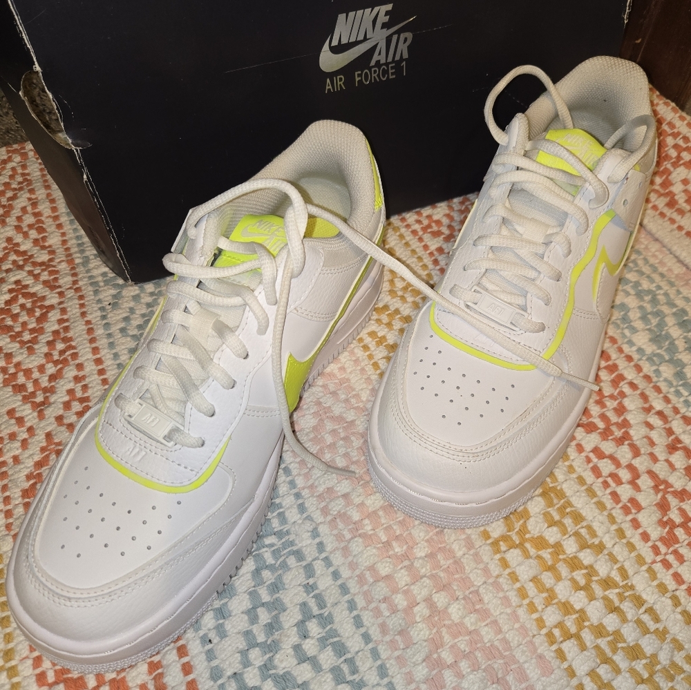 Nike Air Force 1 White and Neon Sneakers